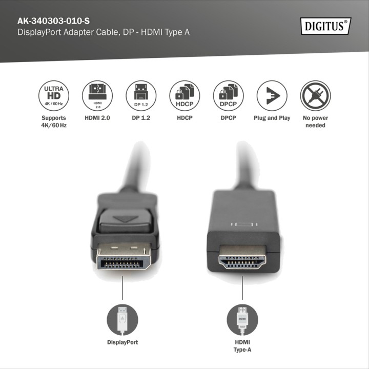 DIGITUS Câble adaptateur DisplayPort vers HDMI DP 1.2 4K