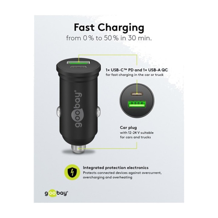 GOOBAY Chargeur rapide de voiture à 2 ports USB-C/USB-A PD