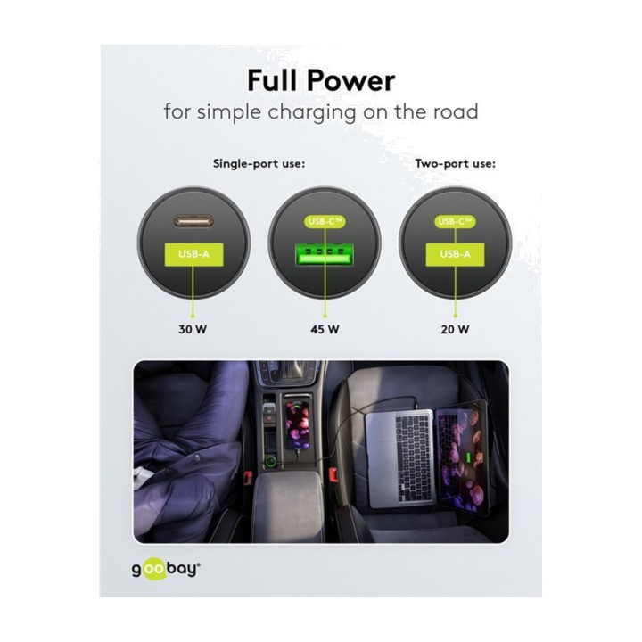 GOOBAY 2-Port-Schnellladegerät fürs Auto USB-C/USB-A PD 45W