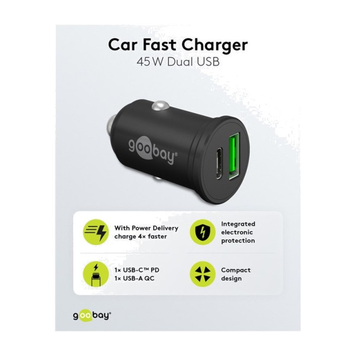 GOOBAY 2-port fast car charger USB-C/USB-A PD 45W 61739