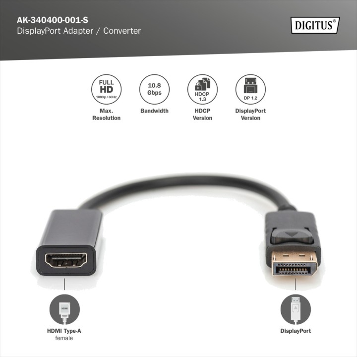 DIGITUS DisplayPort to HDMI converter adapter DP 1.2 1080P