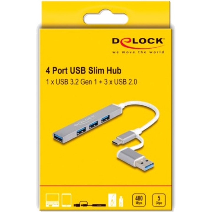 DELOCK Slim 4-port USB hub with Type-C adapter 3.2 GEN1