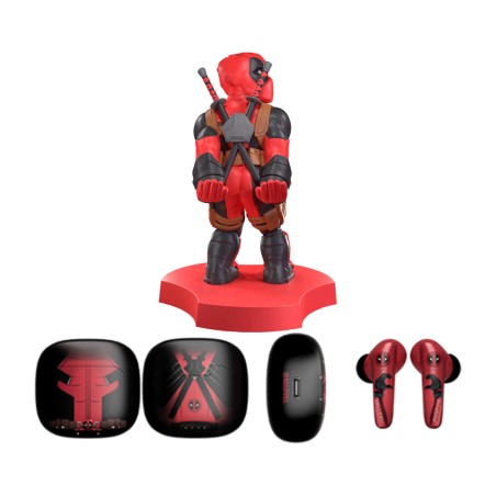 suport mini per maneta i mòbil amb figura i auriculaires inalàmbriques cable guy marvel deadpool bluetooth 5.3