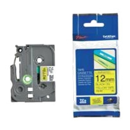 black laminated tape on yellow background for label maker tze-631 12mm