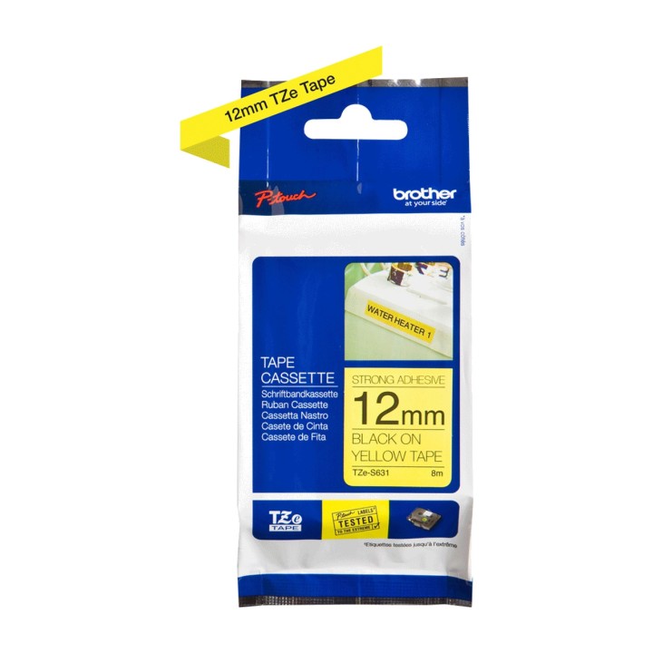 BROTHER Cinta laminada extra adhesiva negro sobre fondo amarillo para rotuladora TZE-S631 12MM TZES631