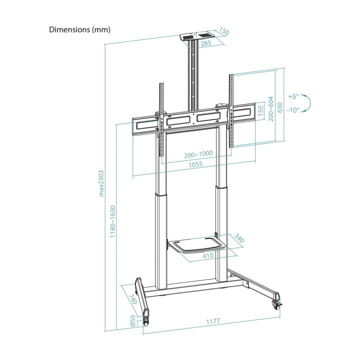 TOOQ Support au sol à roulettes avec hauteur réglable par