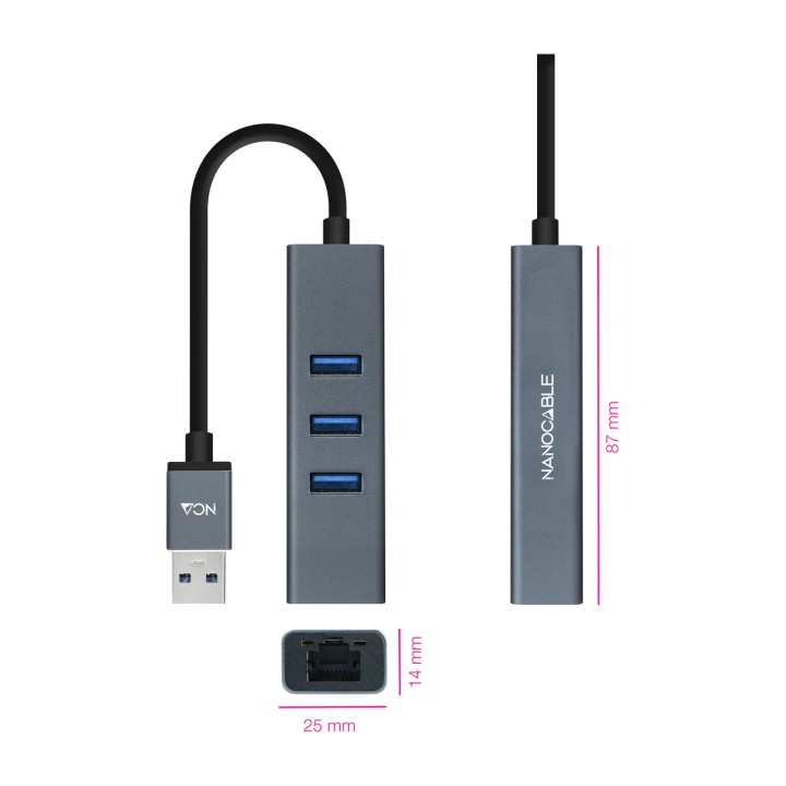 NANOCABLE USB-A hub with Gigabit Ethernet network adapter