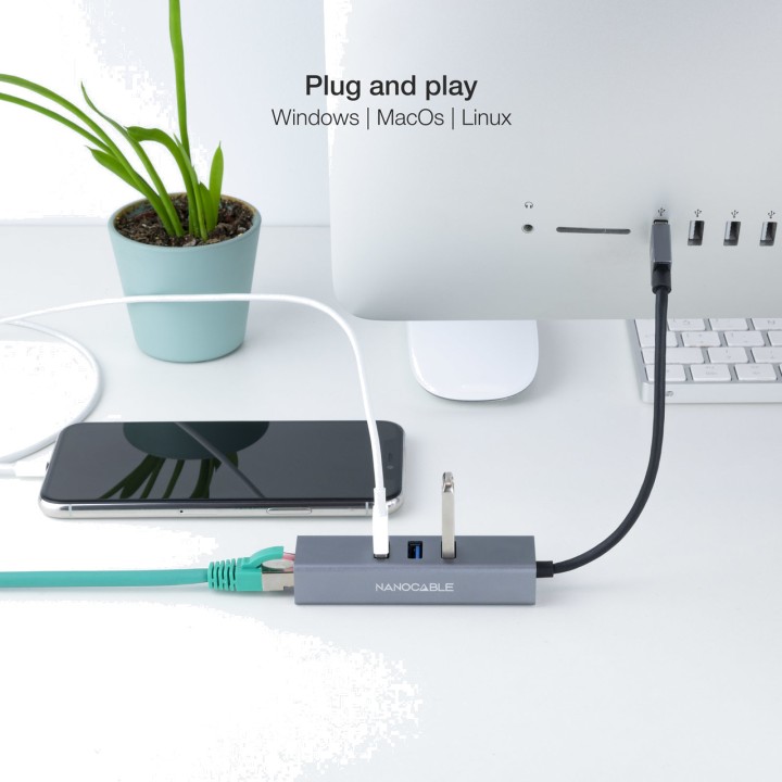 NANOCABLE Hub USB-A com adaptador de rede Ethernet Gigabit e