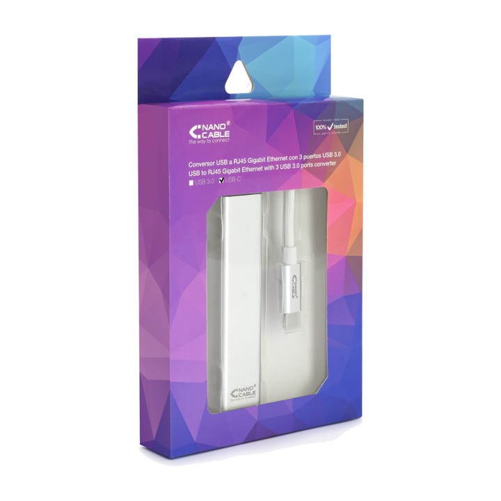 NANOCABLE Hub USB-C com rede Ethernet Gigabit e três portas