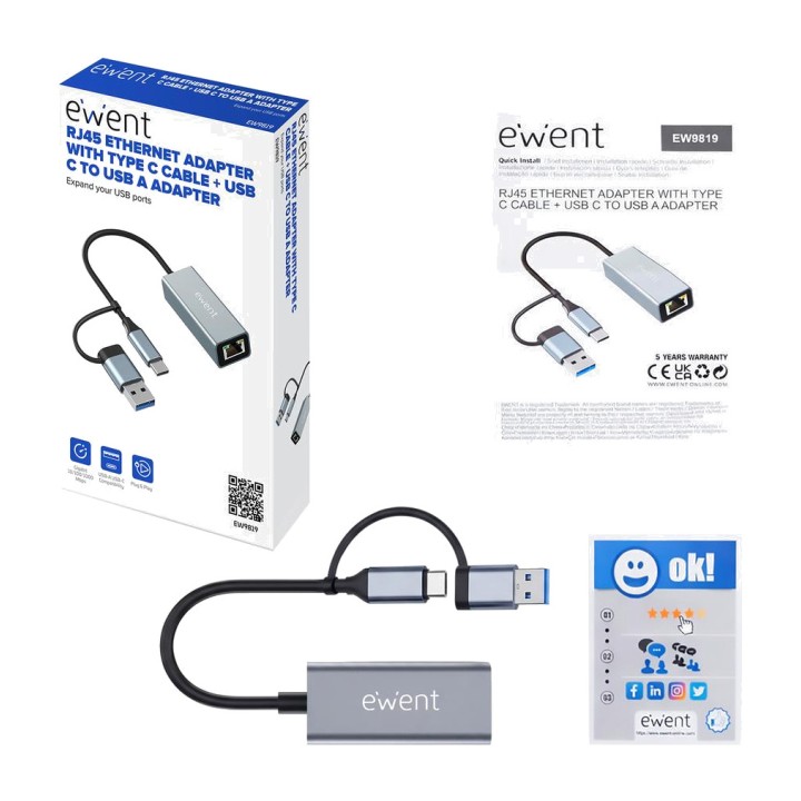 EWENT Gigabit-nätverksadapter till RJ45 med dubbel USB C-