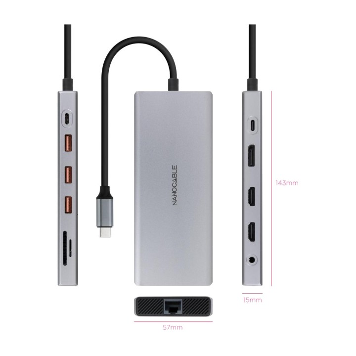 NANOCABLE 12-in-1-USB-C-Hub aus Aluminium mit zwei