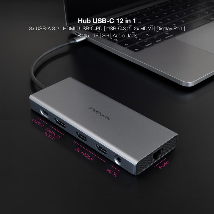NANOCABLE Hub USB-C 12 en 1 de aluminio con doble HDMI,