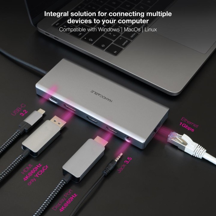 NANOCABLE 12-in-1 aluminium USB-C hub with dual HDMI,