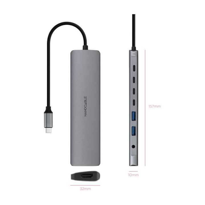 NANOCABLE Hub USB-C 8 en 1 de aluminio con HDMI, puertos