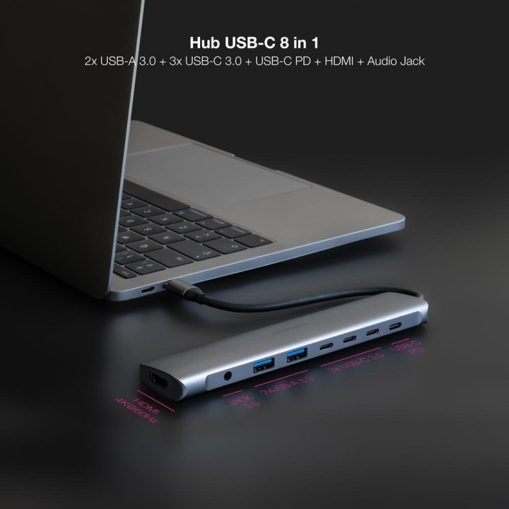 NANOCABLE Hub USB-C 8 en 1 de aluminio con HDMI, puertos