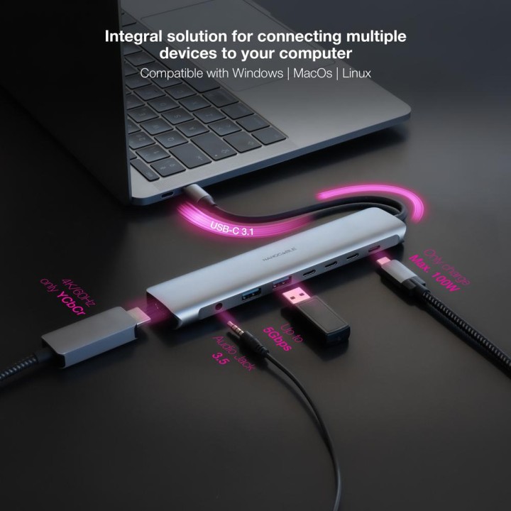 NANOCABLE 8-in-1-USB-C-Hub aus Aluminium mit HDMI, USB-A-