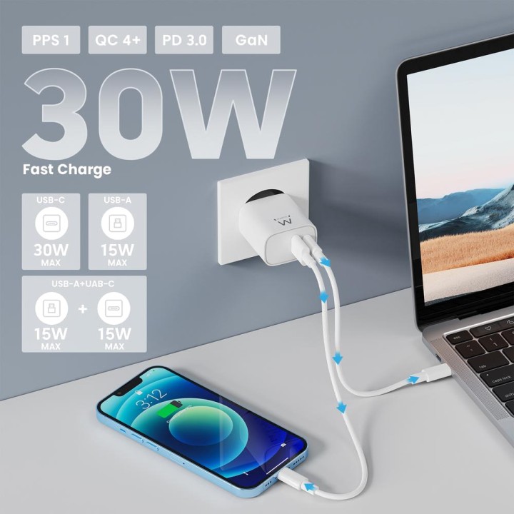 EWENT Caricatore da parete rapido GaN EW1326 30W 1XUSB-C