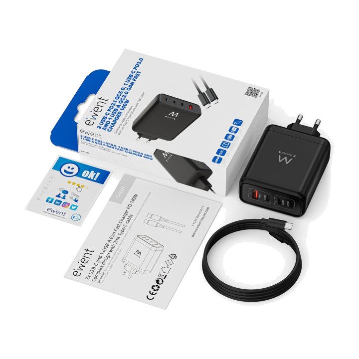 EWENT Cargador rápido de pared GaN EW1337 140W 3XUSB-C