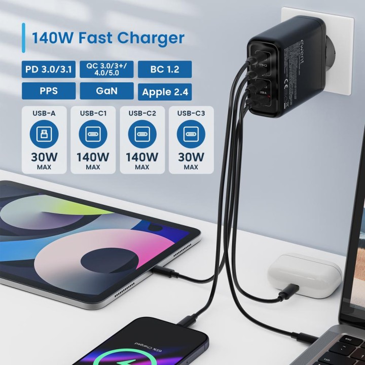 EWENT Carregador rápido de parede GaN EW1337 140W 3XUSB-C