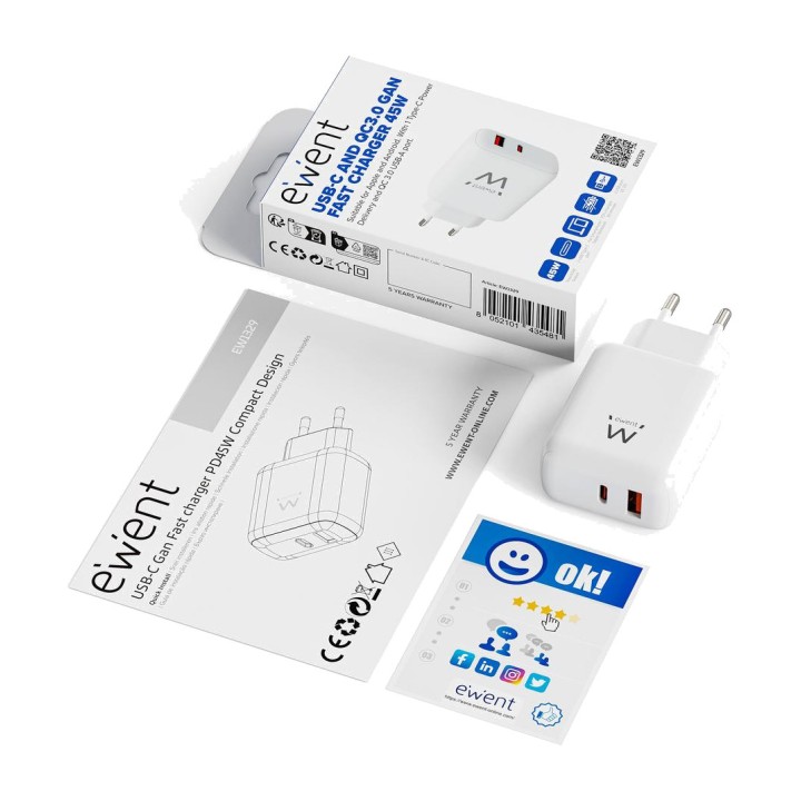 EWENT Cargador rápido de pared GaN EW1329 45W 1XUSB-C