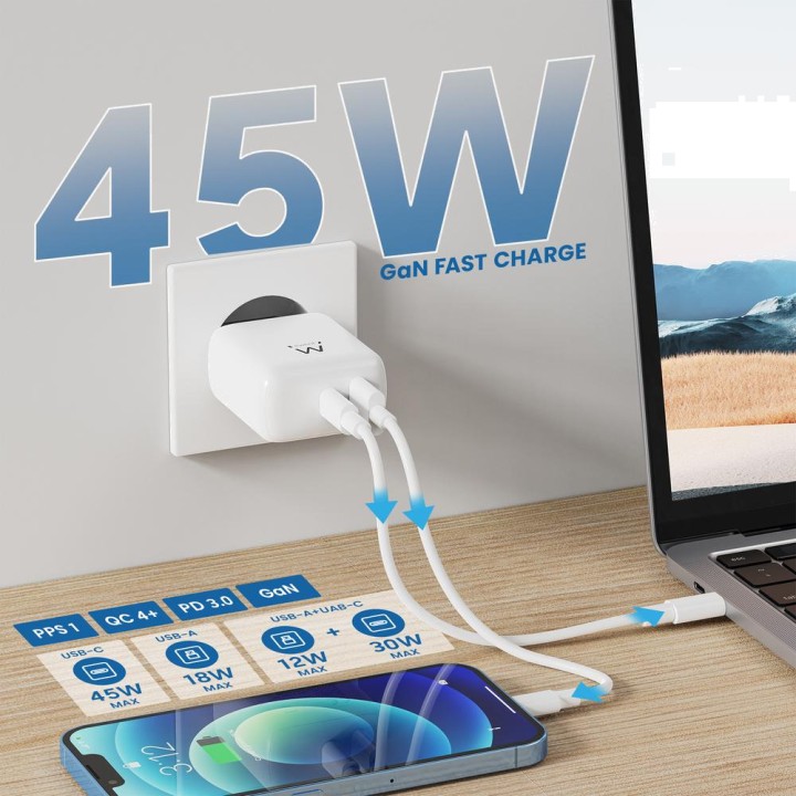 EWENT Chargeur mural rapide GaN EW1329 45W 1XUSB-C 1XUSB-A