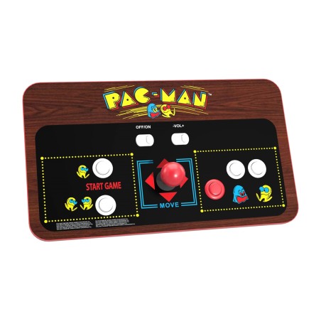 retro-hdmi-mikrospielkonsole mit kabellosem arcade-controller und gepolsterter unterseite pac-man-couchcade