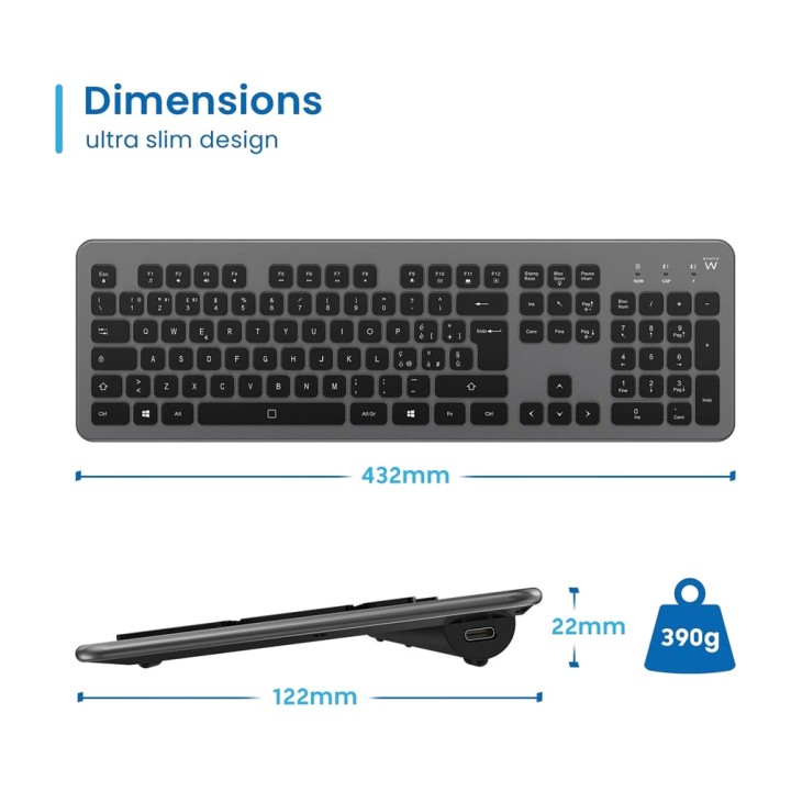 EWENT Rechargeable multi-device wireless keyboard with