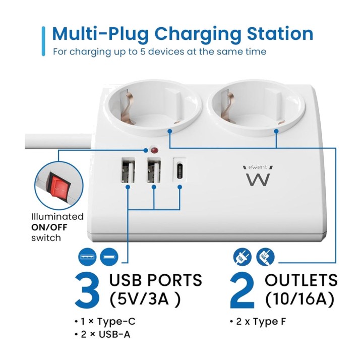 EWENT Power Strip with Switch and Fast Charger 2-SCHUKO