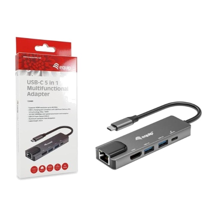 EQUIP Adaptor multiport USB-C 5 în 1 cu HDMI, rețea Gigabit