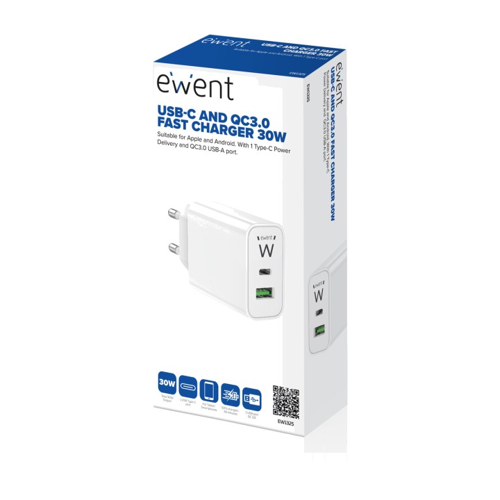 EWENT Caricatore rapido da parete EW1325 30W 1XUSB-C 1XUSB-A