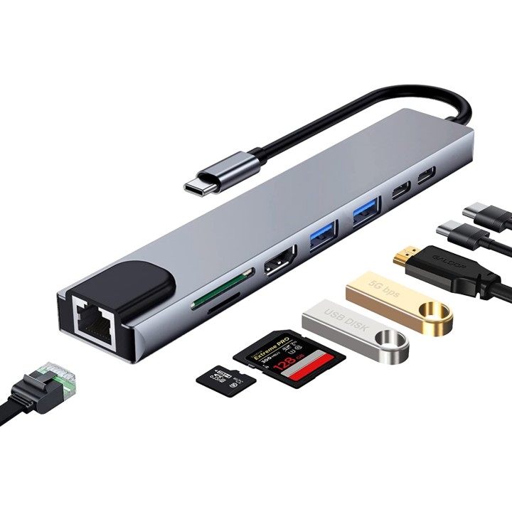 EWENT 8-in-1 USB-C multiport hub with HDMI, network and card