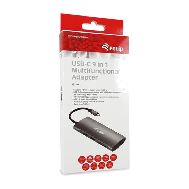 EQUIP Multiportový adaptér USB-C 9 v 1 s HDMI, Gigabit sítí,