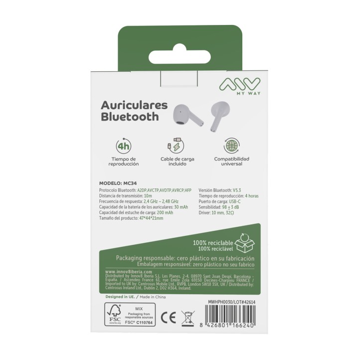 MYWAY Căști wireless Bluetooth ultraușoare MWHPH0030 BT-5.3