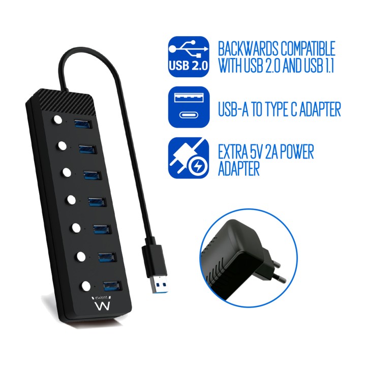 EWENT Hub USB de 7 puertos con interruptores y alimentador