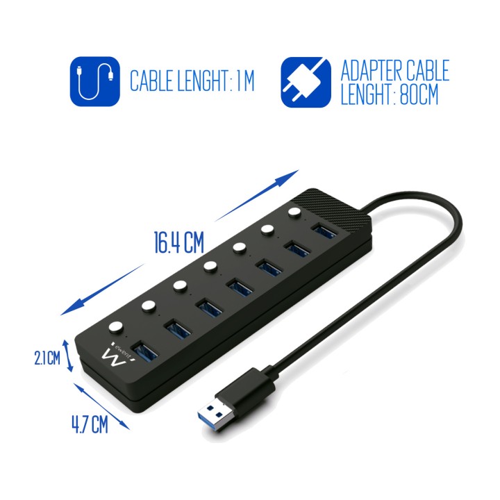EWENT 7-port USB hub with switches and power adapter EW1147