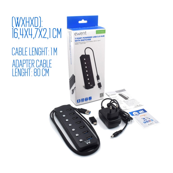 EWENT Hub USB a 7 porte con interruttori e alimentatore