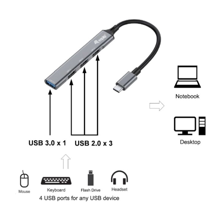 EQUIP Ultra-slim aluminium USB-C hub adapter with four