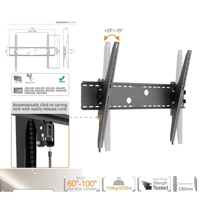 EQUIP Tilting wall mount for large TV 650322 60-100"