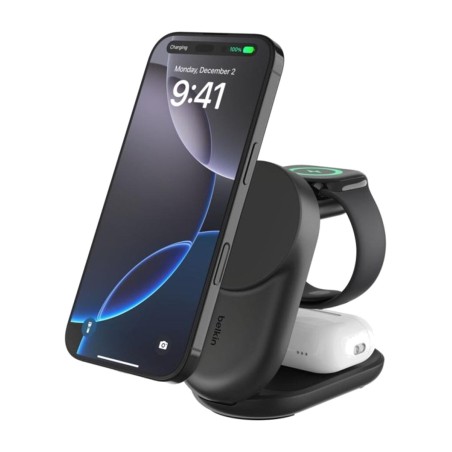 hopfällbar magnetisk trådlös laddningsbas 3-i-1 för mobil, klocka och hörlurar ultracharge-qi2 wiz037kq 25w
