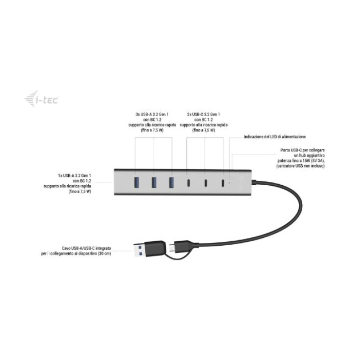 I-TEC Aluminium USB-C/USB-A charging hub with 7 ports