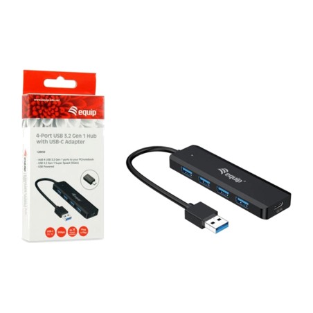 usb-hub mit 4 anschlüssen, typ-c-stromeingang und adapter life 3.2 gen1 5gbps