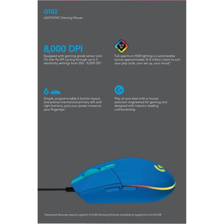 LOGITECH Ratón gaming con cable G102 LIGHTSYNC-8000DPI