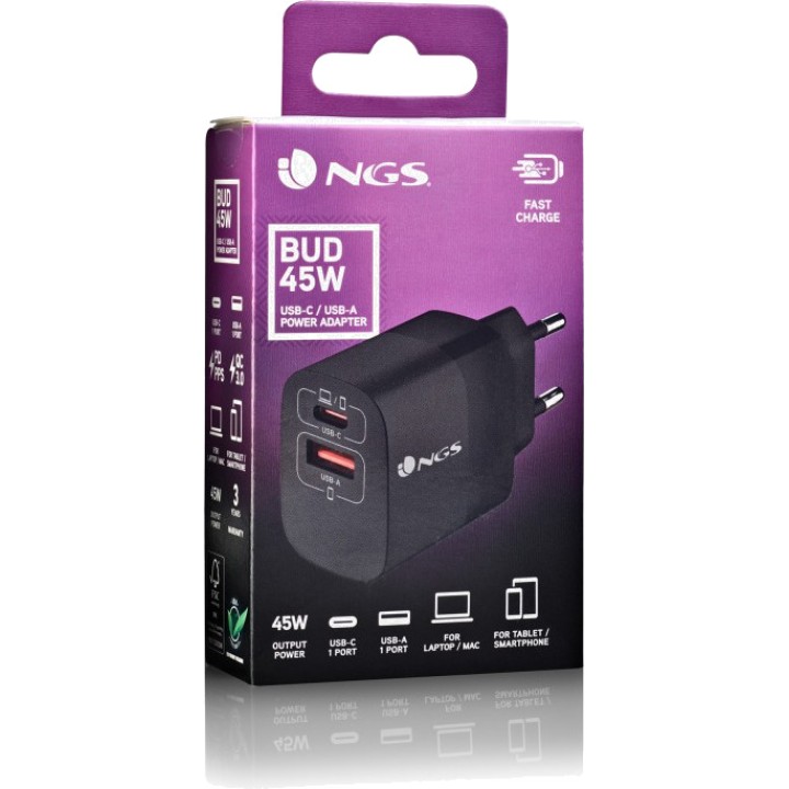 NGS Chargeur mural GaN avec charge rapide BUD45W 45W USB-C+A