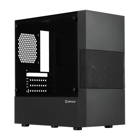 kompakti semitornin tietokonekotelo karkaistulla lasilla ja virtalähde mukana aero-c25 micro-atx 500w
