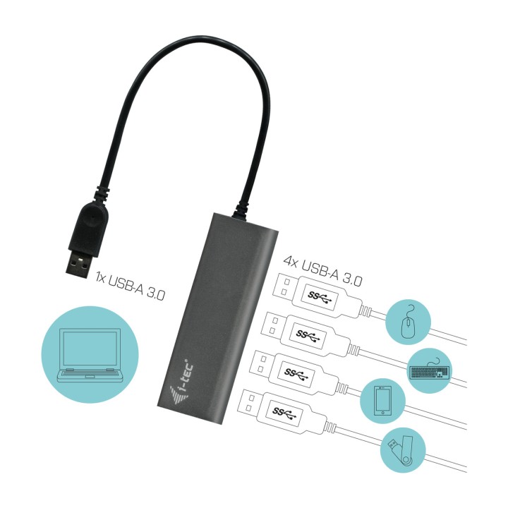 I-TEC Hub USB 3.0 metálico con 4 puertos y adaptador de