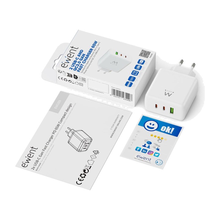 EWENT GaN fast wall charger EW1333 65W 2XUSB-C 1XUSB-A