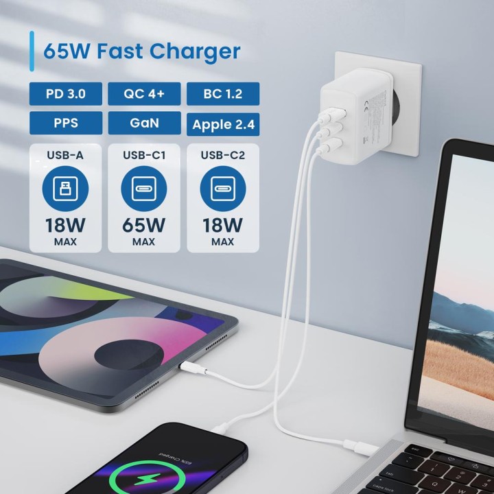 EWENT Cargador rápido de pared GaN EW1333 65W 2XUSB-C 1XUSB-A MGS0000033670