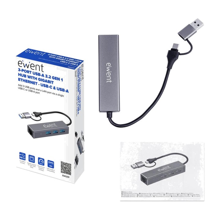 EWENT Hub USB 4 in 1 con 3 porte e rete Gigabit EW1159 3.2