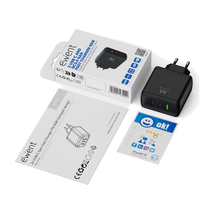 EWENT Chargeur mural rapide GaN EW1331 65W 2XUSB-C 1XUSB-A