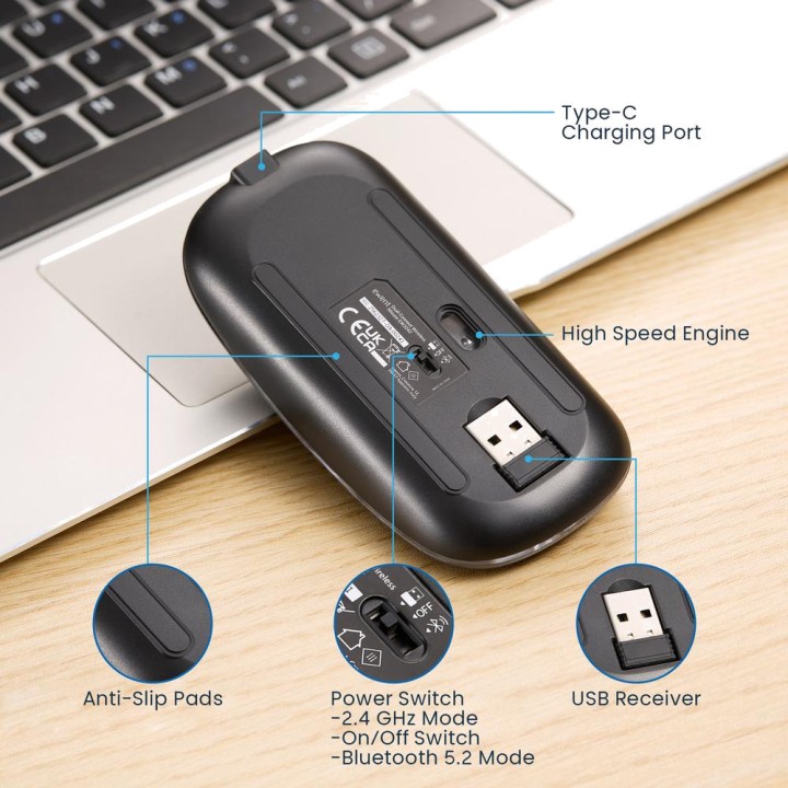 EWENT Souris gaming sans fil rechargeable à double connexion